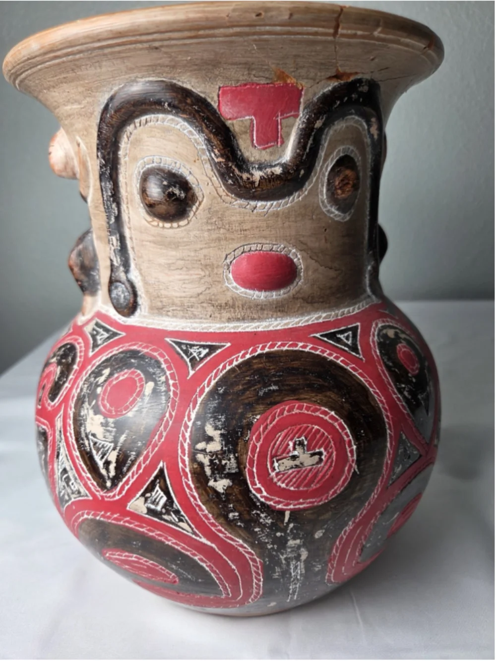 Marajoara Style Anthropomorphic Ceramic Vase Brazilian Amazon Folk Art Hand